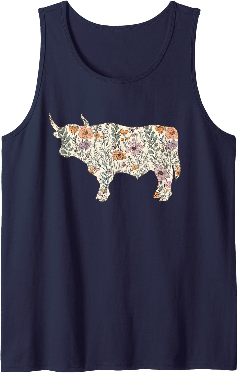 Western Highland Cow Boho Floral Farm Aesthetic Rodeo Women Sleeveless Tank Top - Navy Blue