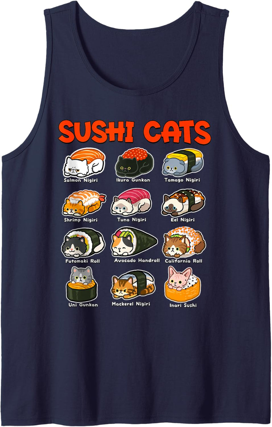 Sushi Cats Funny Japanese Food Lover Otaku Chibi Cat Manga Tank Top - Navy Blue