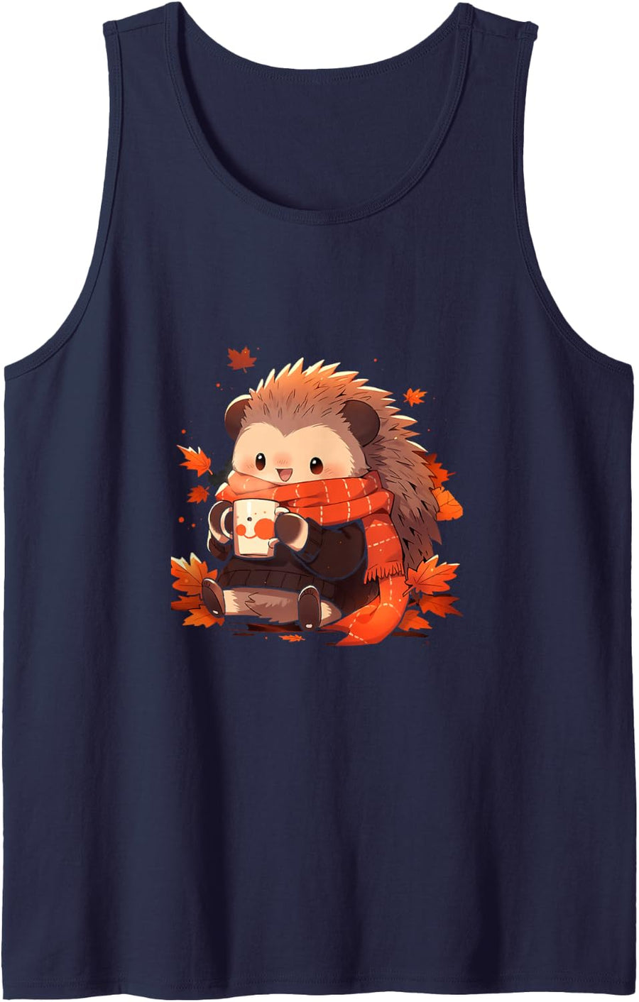 Hedgehog Autumn Autumn Leaves Pumpkin Spice Latte Kawaii Sleeveless Tank Top - Navy Blue