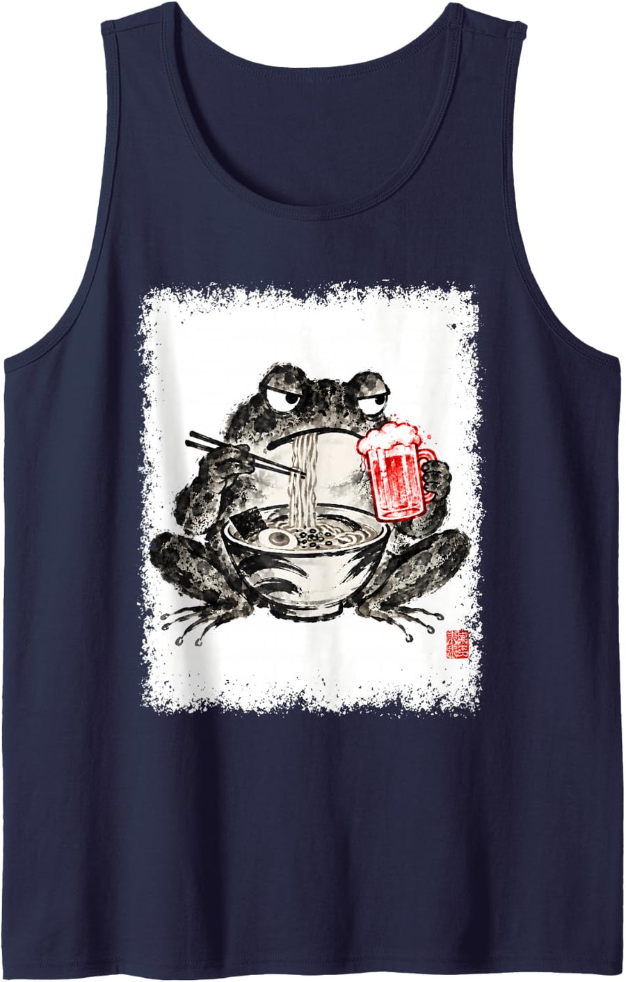 Frog Drinking Beer Men Women Funny Grumpy Frog Eating Ramen Sleeveless Tank Top - Navy Blue