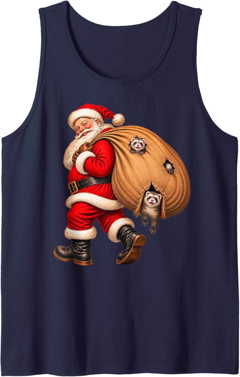 Santa Claus Delivering Ferret Presents Naughty Sleeveless Tank Top - Navy Blue