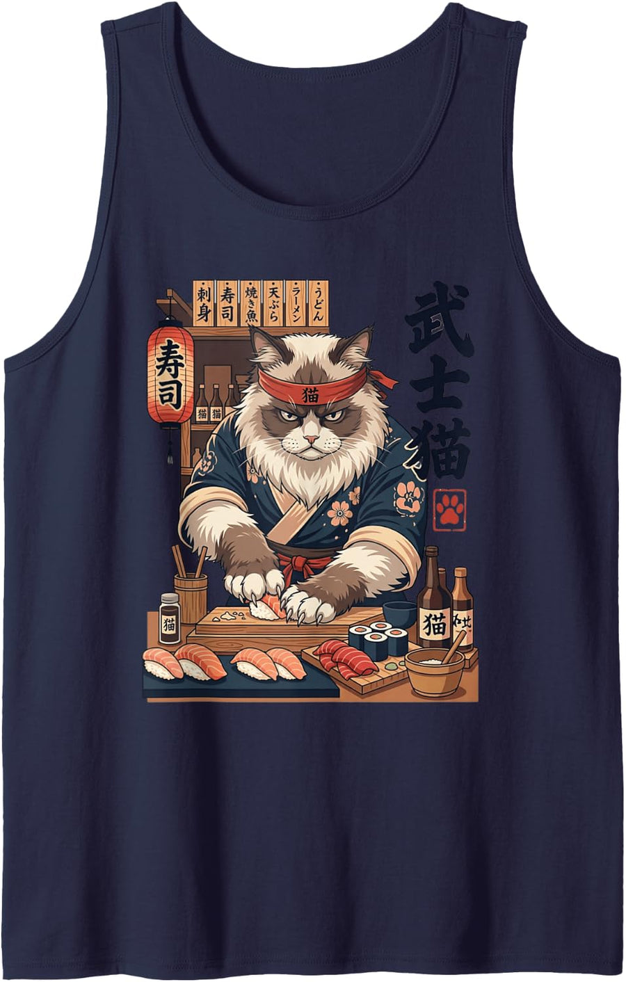 Ragdoll Cat Sushi Master Japanese Cuisine Samurai Fighter Sleeveless Tank Top - Navy Blue
