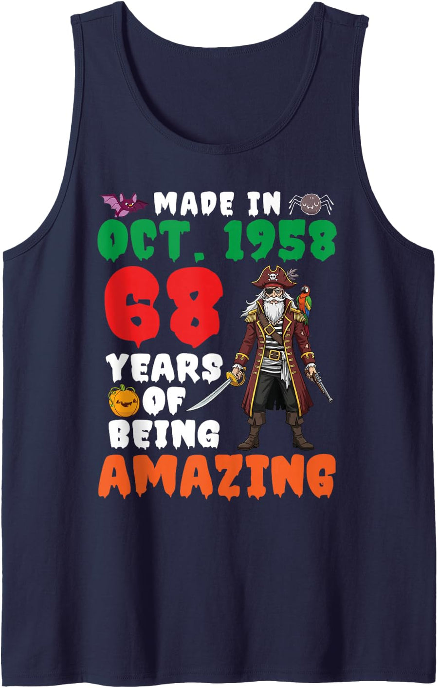 Made in Oct 1958 Birthday 68 Years of Being Amazing Pirate Tank Top - Navy Blue