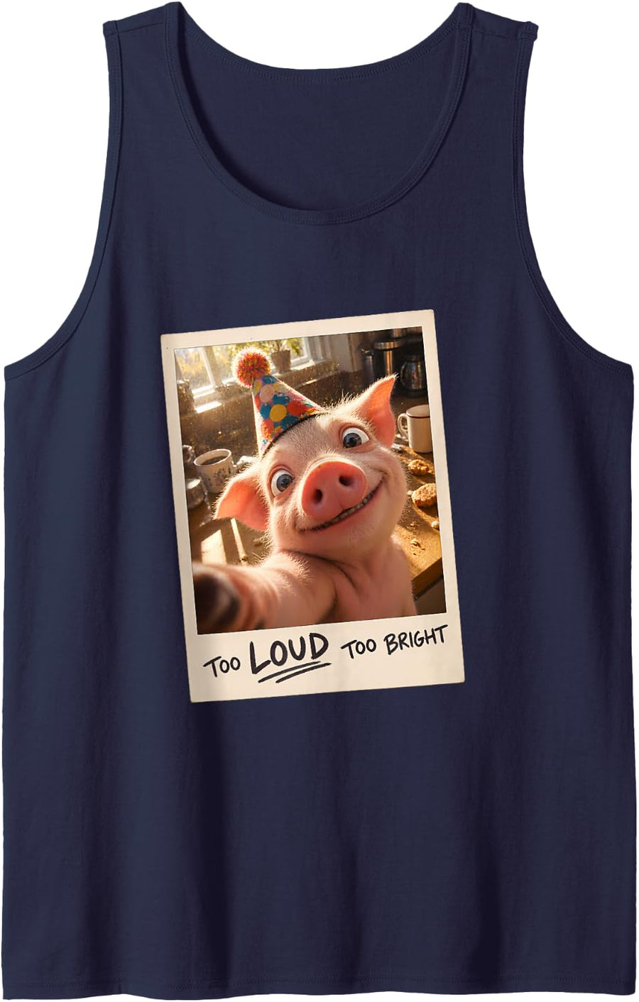 Too Loud Too Bright Pink Pig Selfie Lover Funny Sleeveless Tank Top - Navy Blue