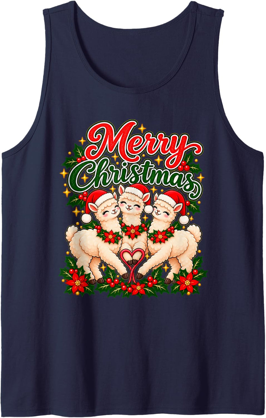 Merry Christmas Alpaca Joyful Holiday Heart Men Women Sleeveless Tank Top - Navy Blue