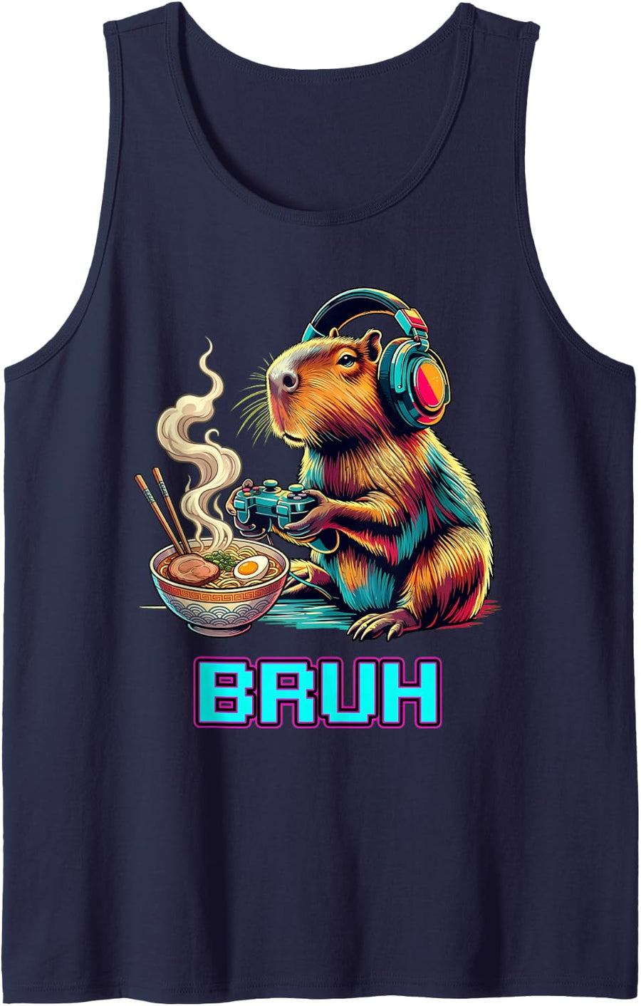 Funny Bruh Capybara Anime Kawaii Ramen Video Games Tank Top - Navy Blue