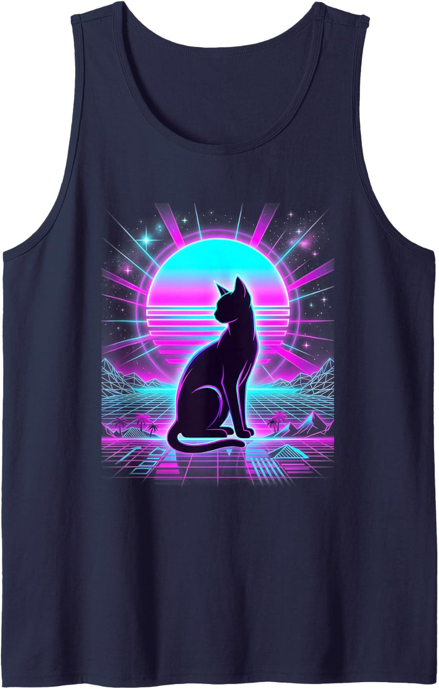 Retro Synth Pop Cat Silhouette Candy Synthwave Sunset Sleeveless Tank Top - Navy Blue