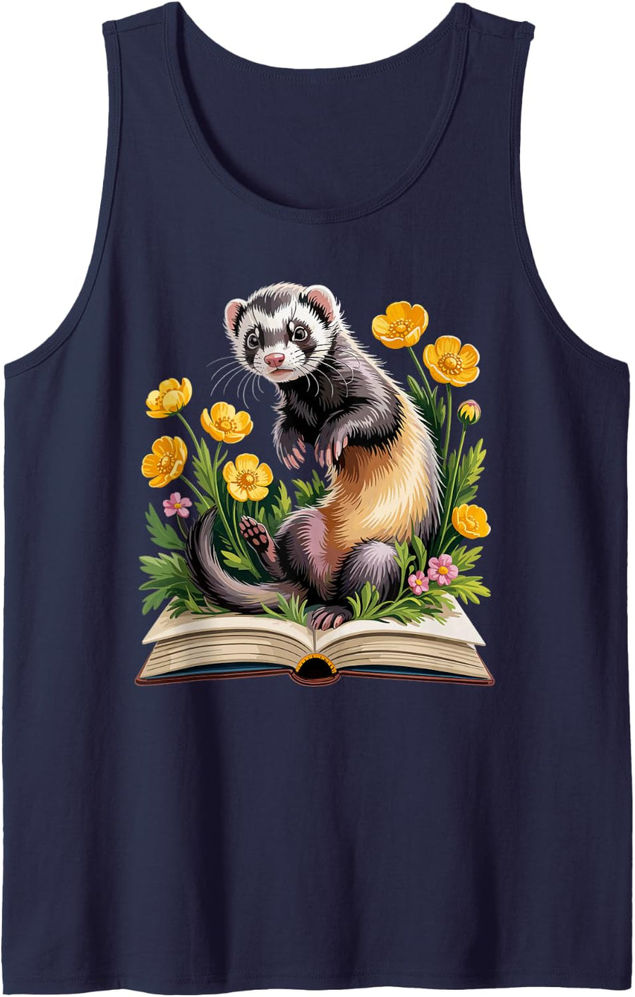 Cottagecore Cute Ferret Reading Book Flower Wildflower Sleeveless Tank Top - Navy Blue
