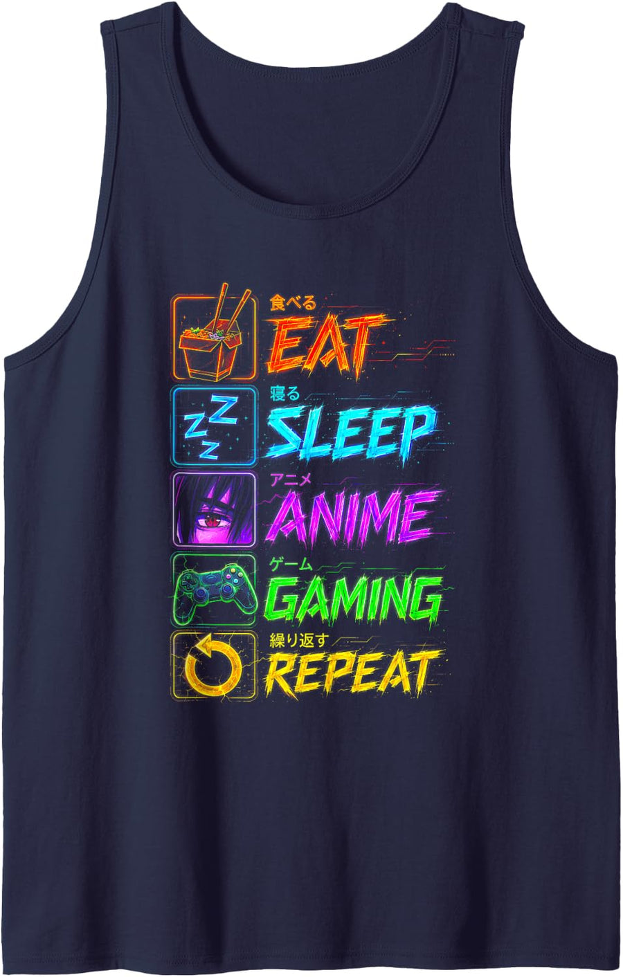 Eat Sleep Anime Gaming Repeat Kawaii Otaku Manga Shirt Tank Top - Navy Blue