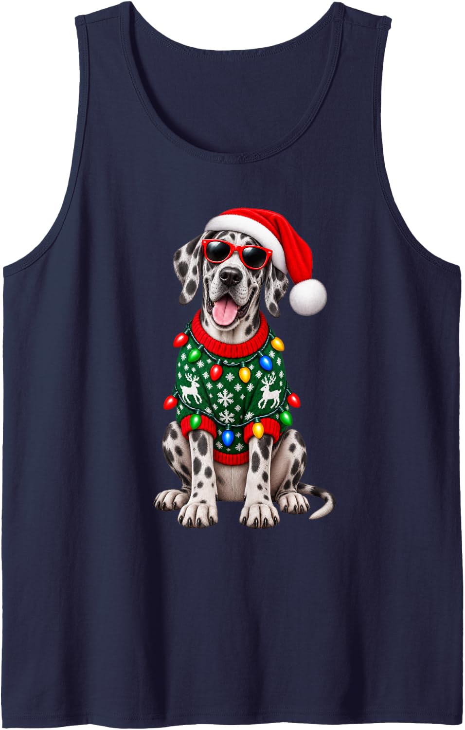 Great Dane Christmas Sweater Santa Hat Sunglasses Dog Sleeveless Tank Top - Navy Blue