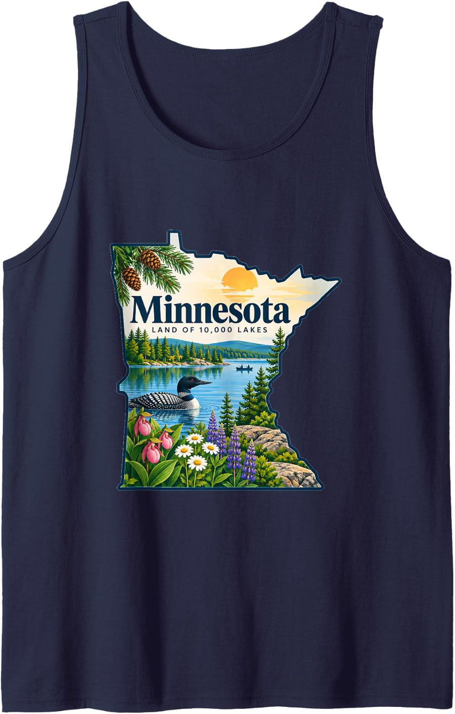 Minnesota Land of 10000 Lakes State Loon Artwork Sleeveless Tank Top - Navy Blue