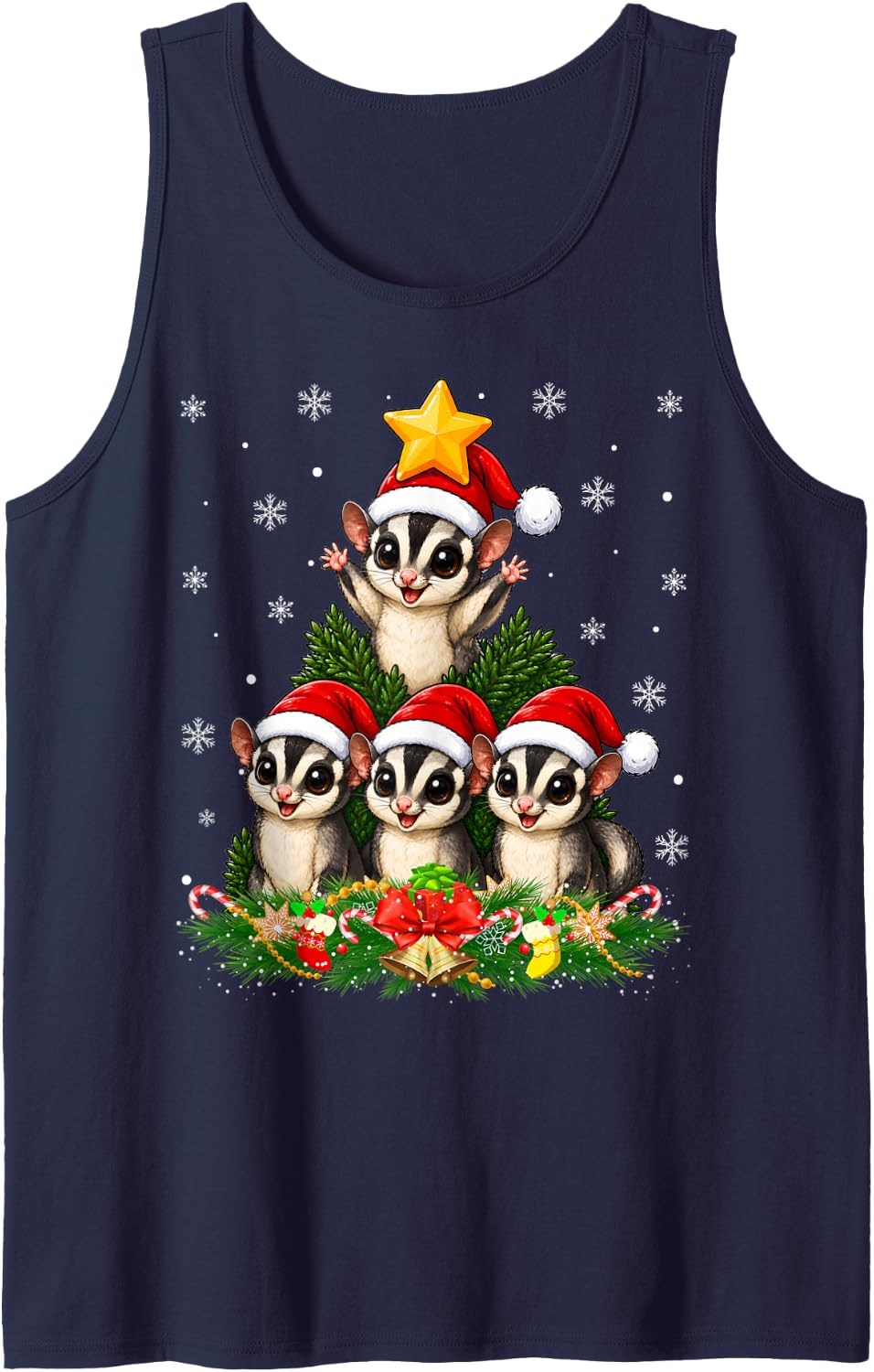 Sugar Glider Christmas Tree Cute Animal Festive Cheer Xmas Sleeveless Tank Top - Navy Blue