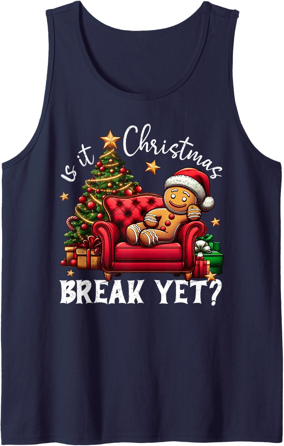 is It Christmas Break Yet Gingerbread Student Teacher Xmas Sleeveless Tank Top - Navy Blue