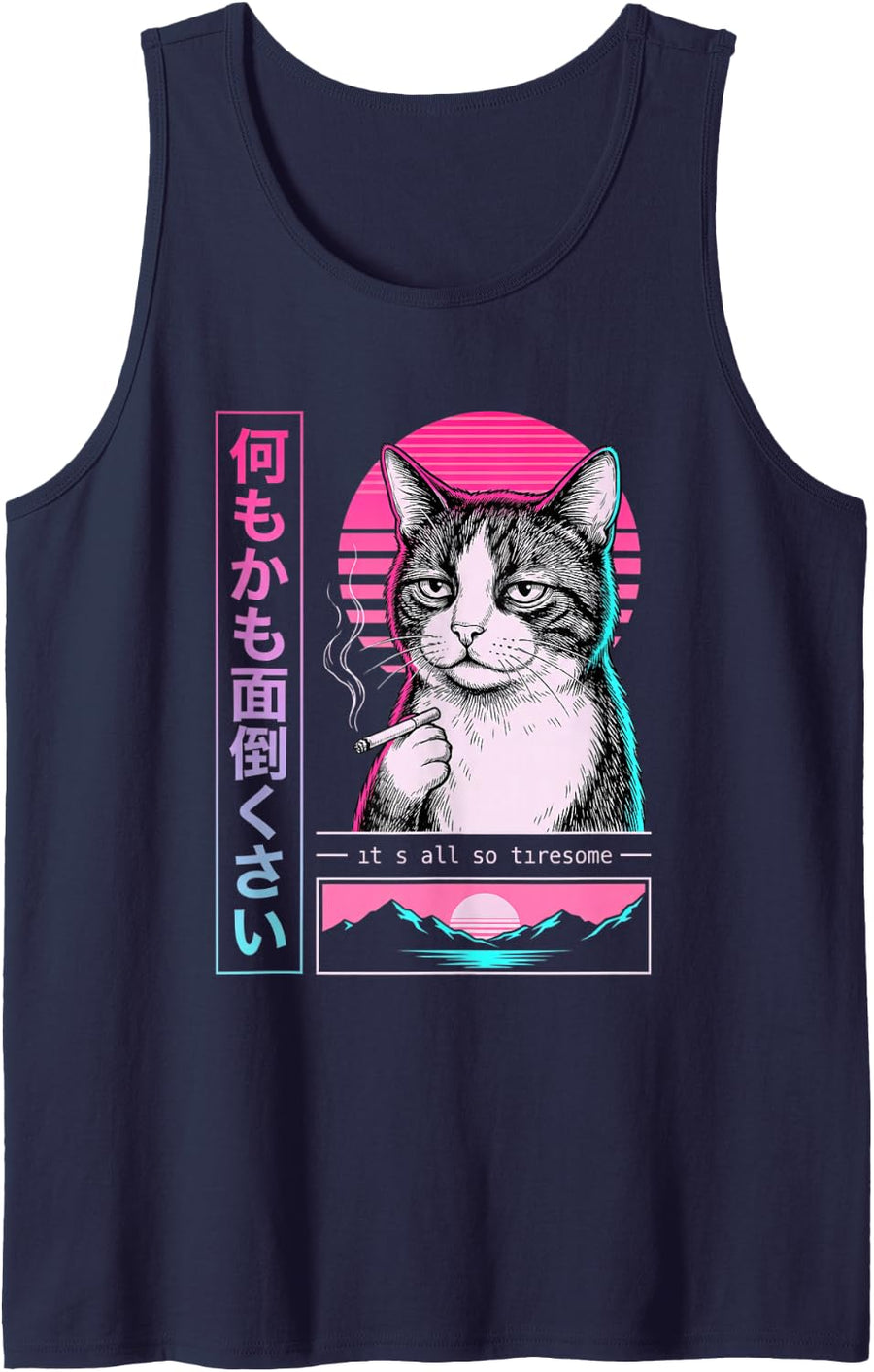 IT S All So Tiresome Vaporwave Smoking Cat Retro 80S Sleeveless Tank Top - Navy Blue