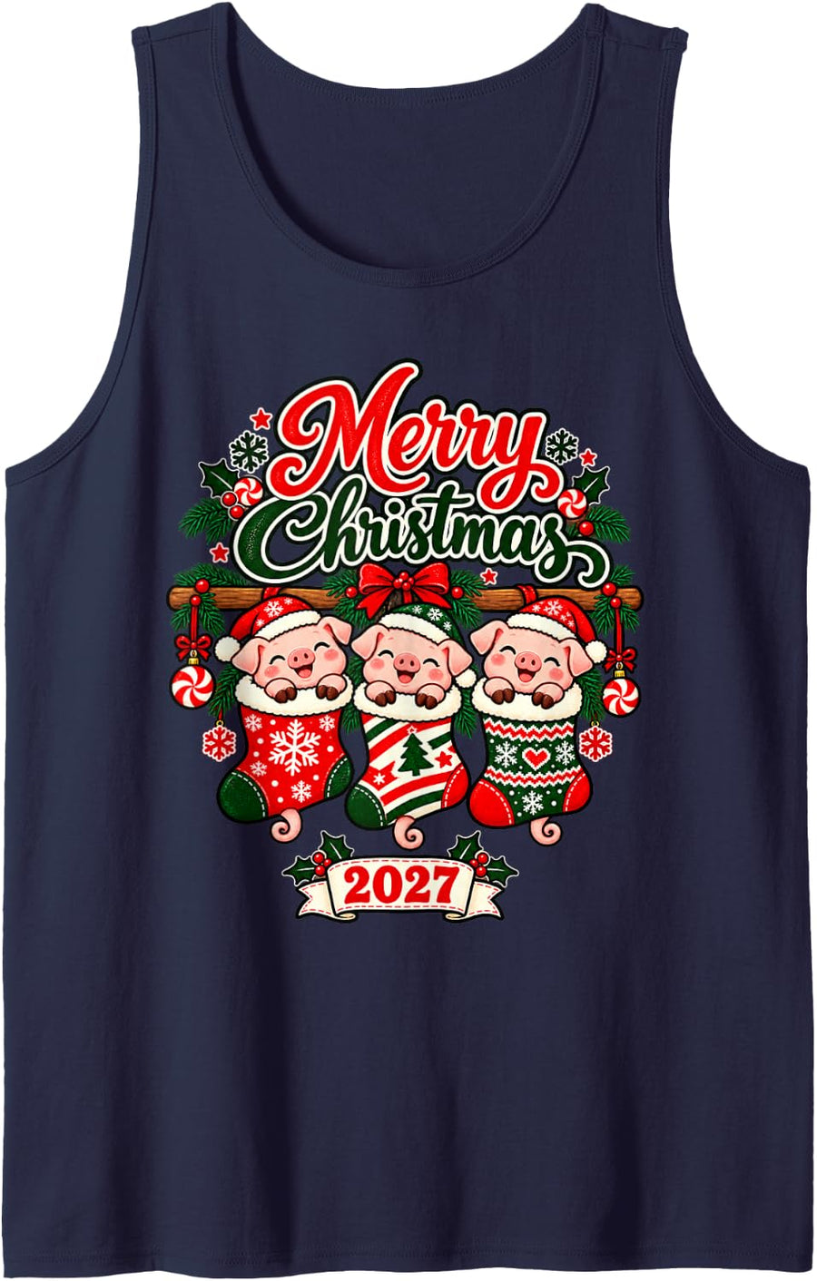 Merry Christmas 2027 Happy Pig in Stockings Men Women Kids Sleeveless Tank Top - Navy Blue
