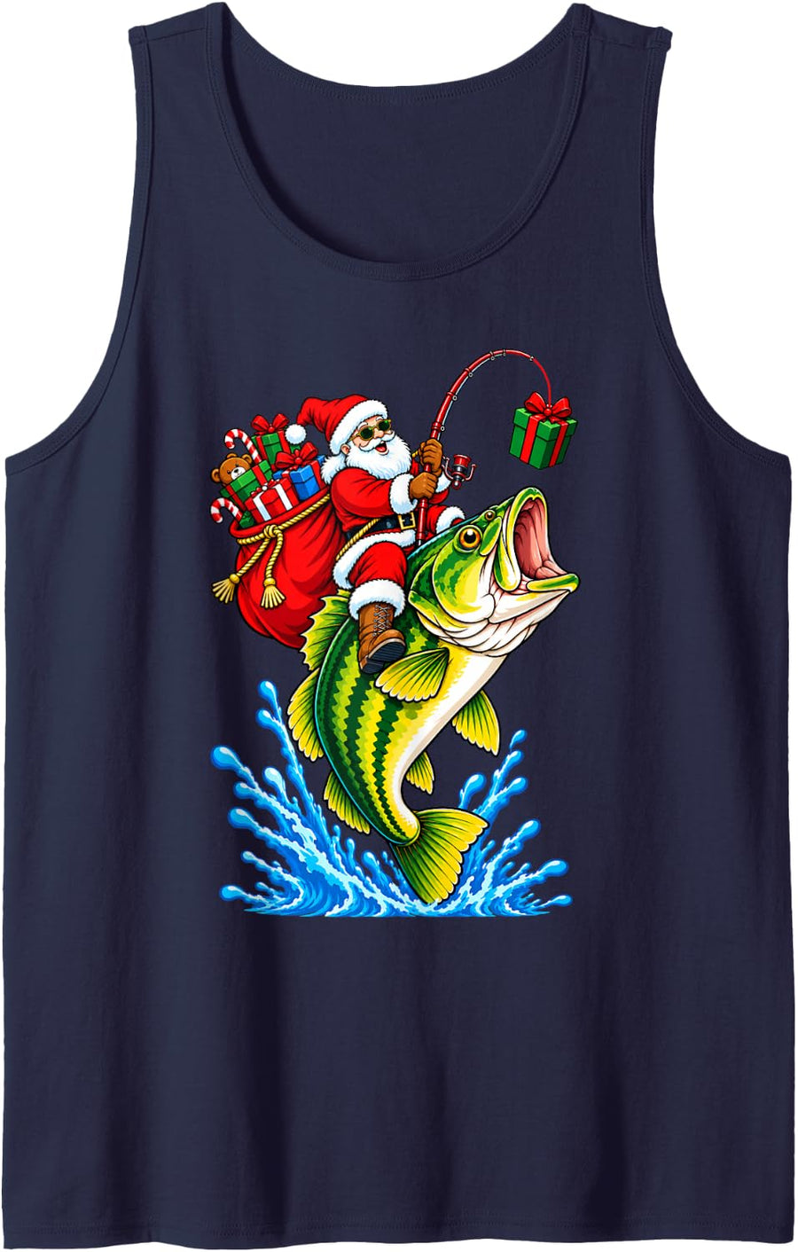 Santa Bass Fish Fishing Christmas Sleeveless Tank Top - Navy Blue