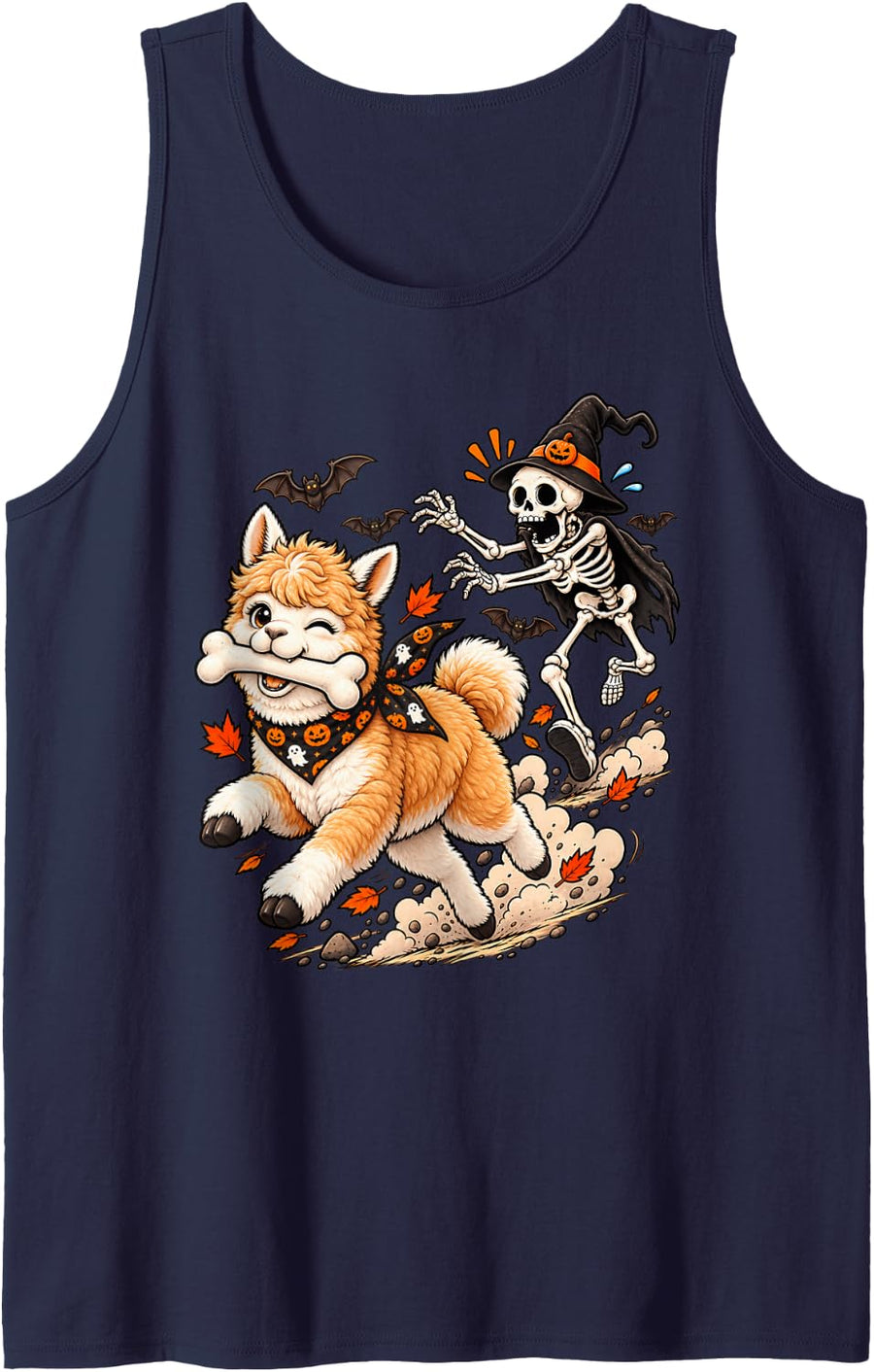 Funny Alpaca Chased by Witch Skeleton Halloween Men Women Tank Top - Navy Blue
