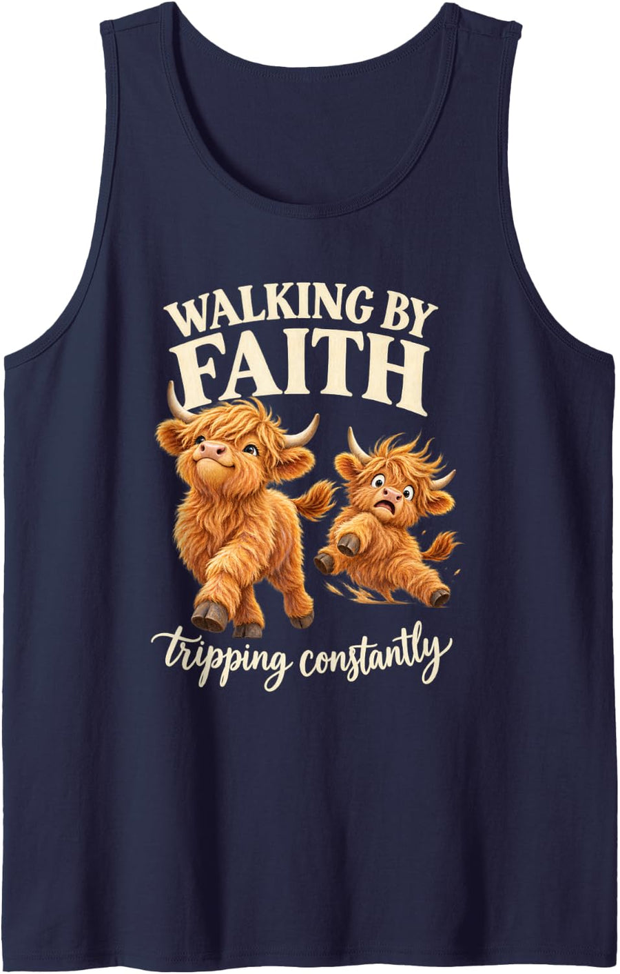 Sweet Storybook Cow Walking By Faith Tripping Constantly Sleeveless Tank Top - Navy Blue