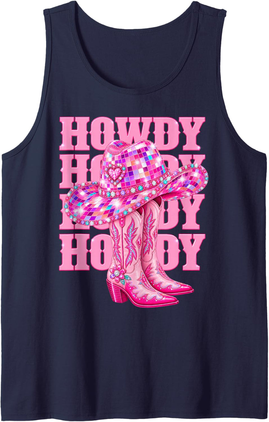 Howdy Southern Western Girl Country Rodeo Pink Cowgirl Disco Sleeveless Tank Top - Navy Blue