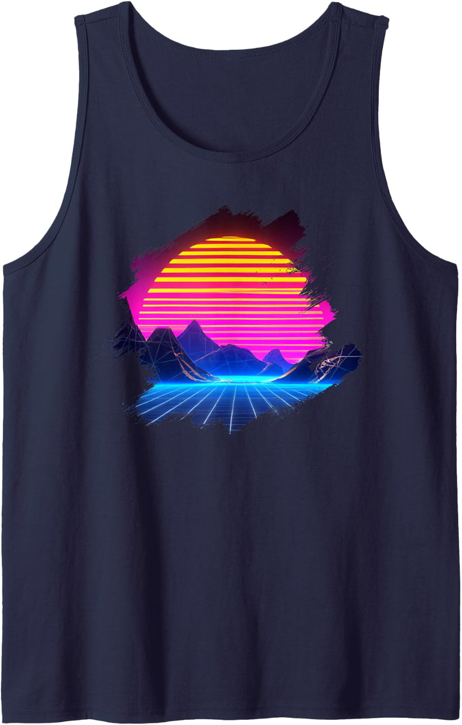 Sunset Over Canyon and Grid Mountains, Landscape, Synthwave Sleeveless Tank Top - Navy Blue