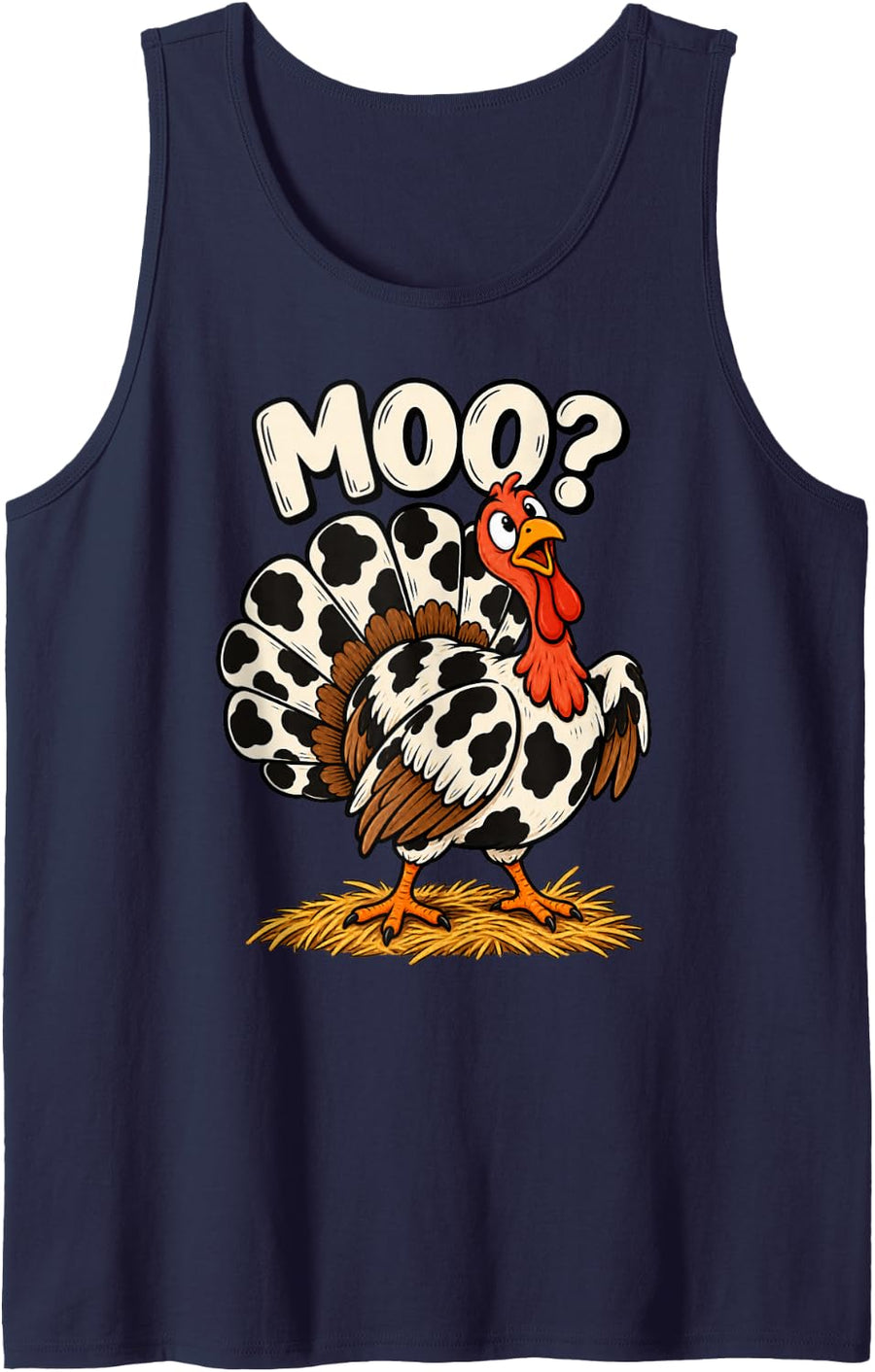 Moo? Cow Turkey Thanksgiving Animal Joke Fall Illustration Sleeveless Tank Top - Navy Blue