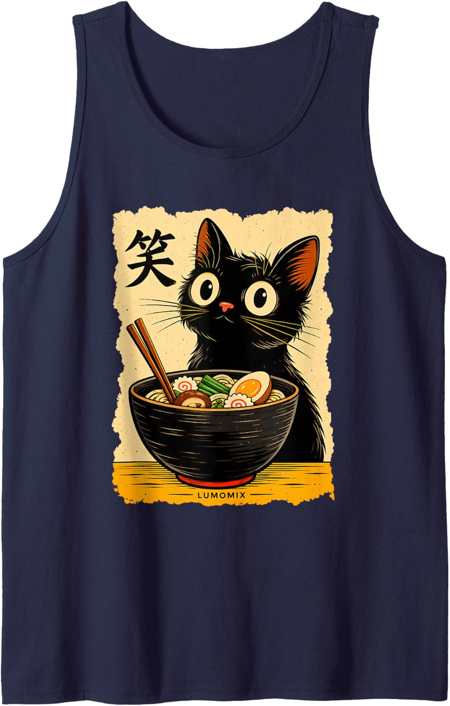 T-Shirt Kawaii Ramen Cat Japanese Anime Japan Sleeveless Tank Top - Navy Blue