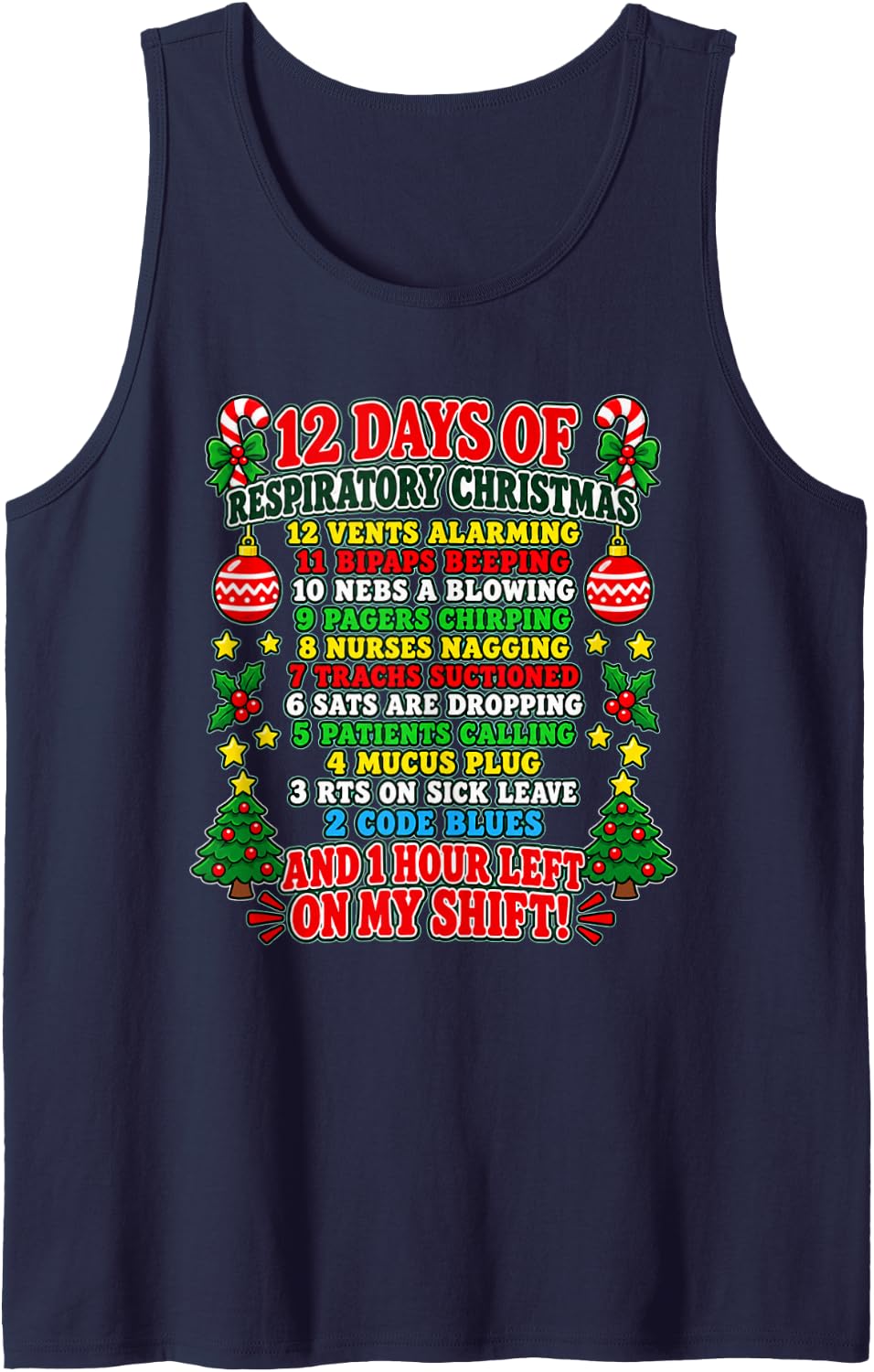 12 Days Respiratory Christmas RT Healthcare Worker Humor Sleeveless Tank Top - Navy Blue