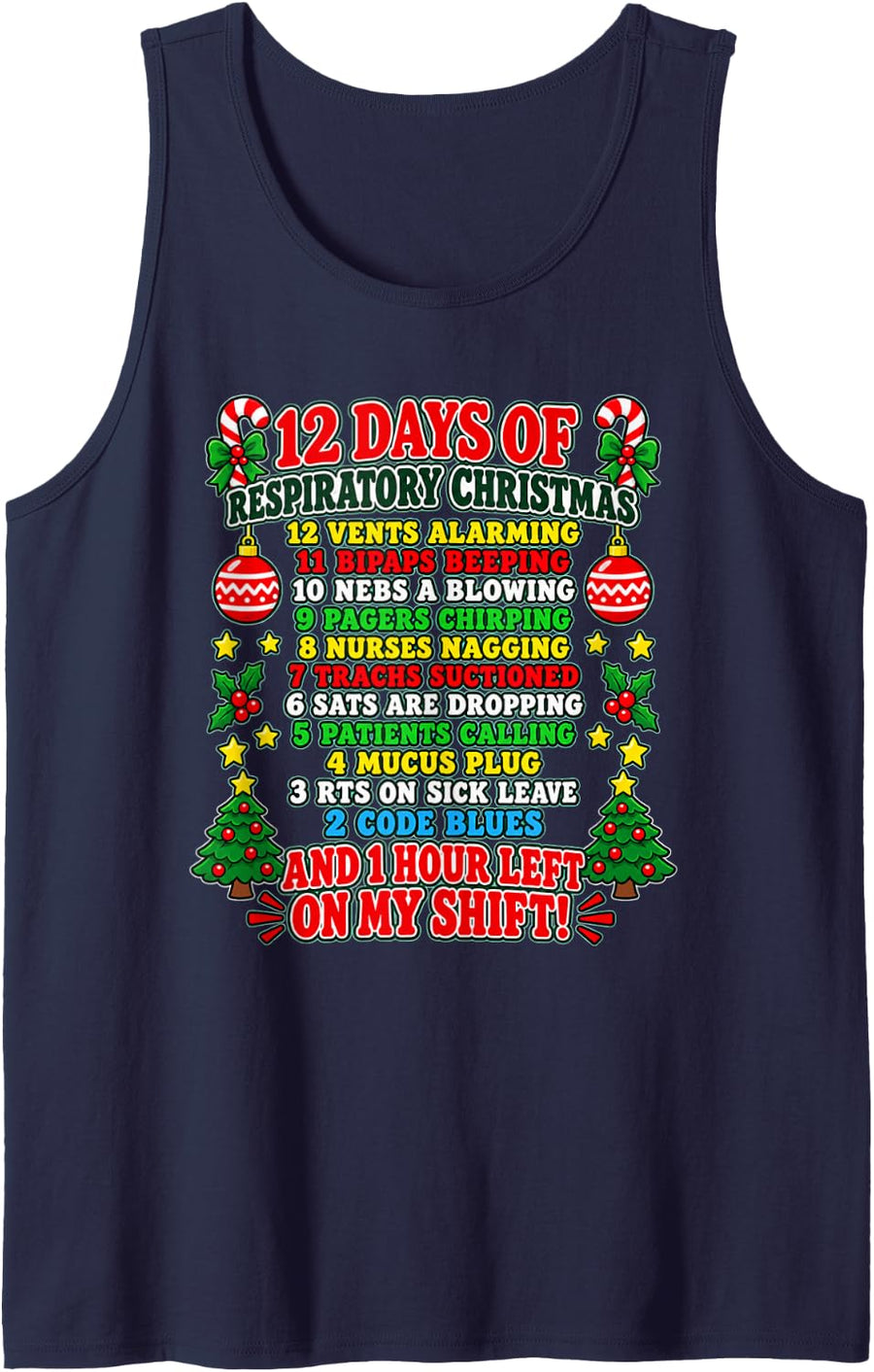 12 Days Respiratory Christmas RT Healthcare Worker Humor Sleeveless Tank Top - Navy Blue