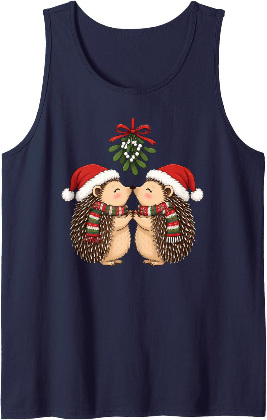 Cute Christmas Hedgehog Couple Kissing Under Mistletoe Tank Top - Navy Blue