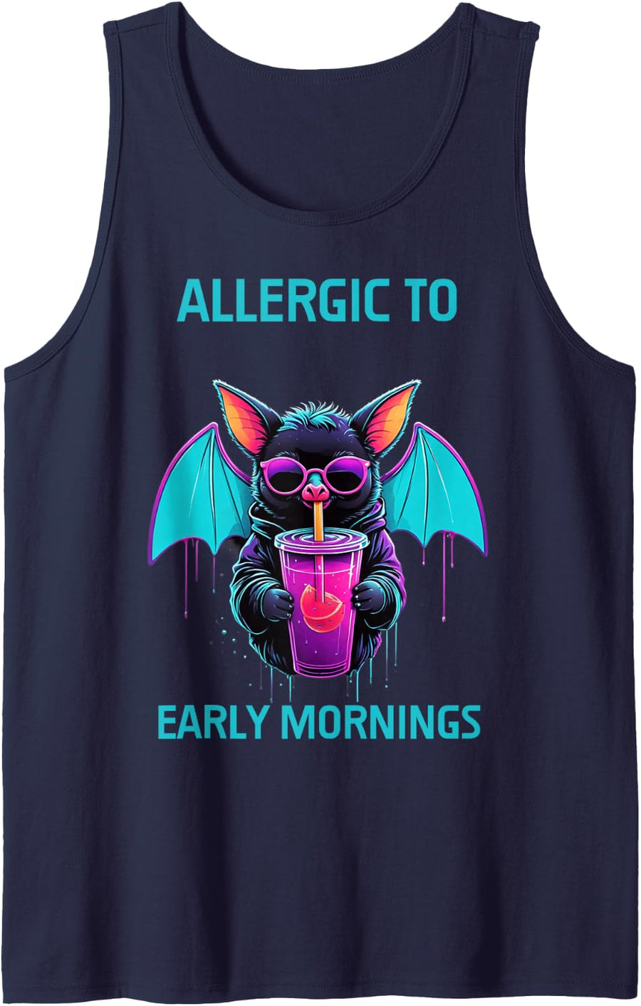 Synthwave Sleeping Bat Lazy Weekend Sleep in Humor Sleeveless Tank Top - Navy Blue