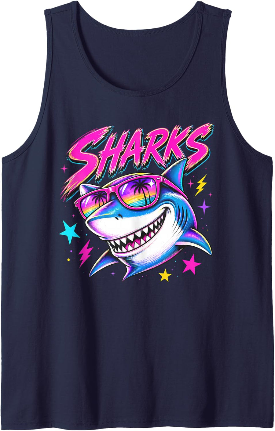 Sharks Spirit 80s Synthwave Cool Mascot for Men Women Kids Sleeveless Tank Top - Navy Blue