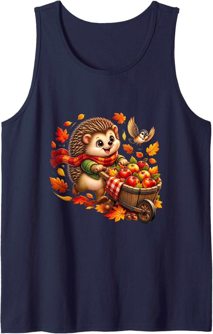 Little Hedgehog with Apple Cart and Autumn Leaves Tank Top - Navy Blue