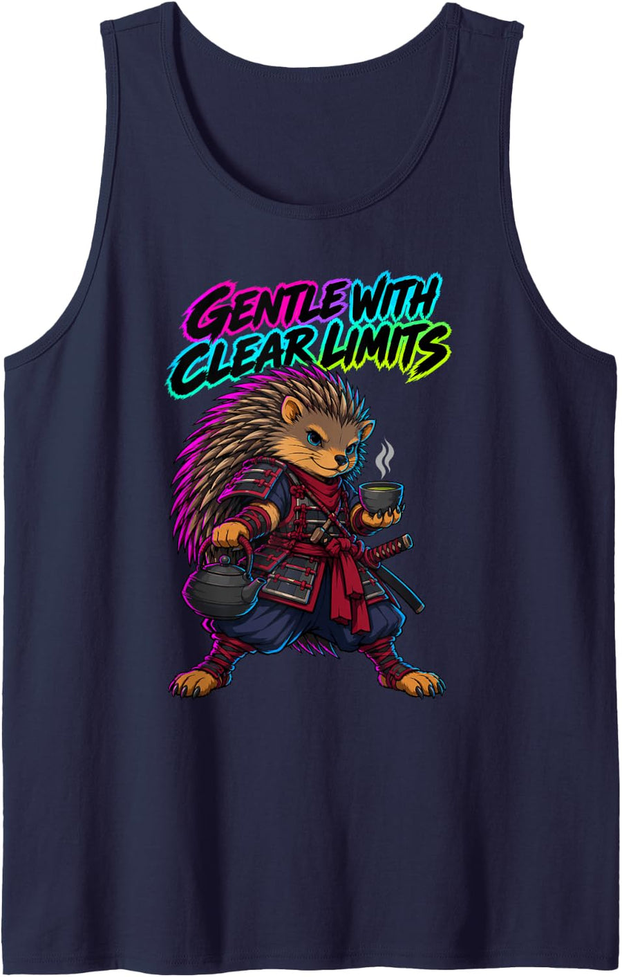 Gentle with Clear Limits Samurai Hedgehog Japanese Joke Sleeveless Tank Top - Navy Blue
