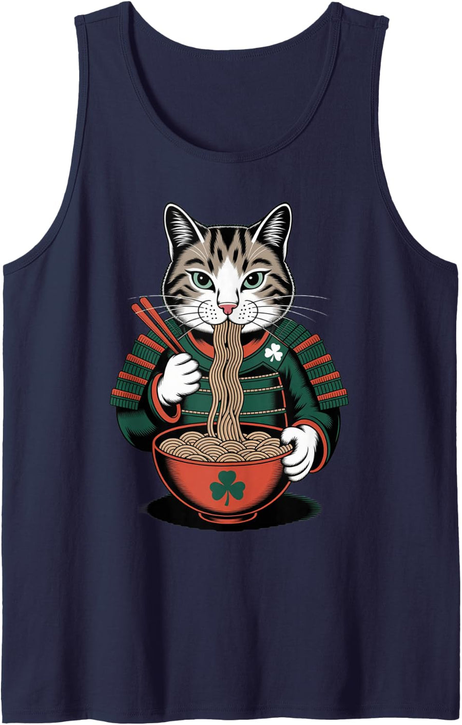 Shamrock Cat Graphic Saint Patrick Day Cat Eating Ramen Tank Top - Navy Blue