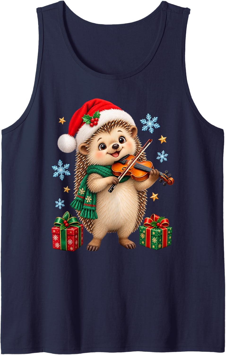 Christmas Violin Hedgehog Design for Kids and Teens Sleeveless Tank Top - Navy Blue