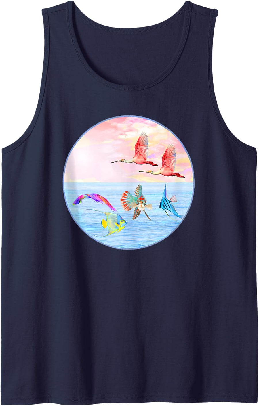 Ocean Scene Flying Birds Wildlife Fish for Animal Lovers Sleeveless Tank Top - Navy Blue
