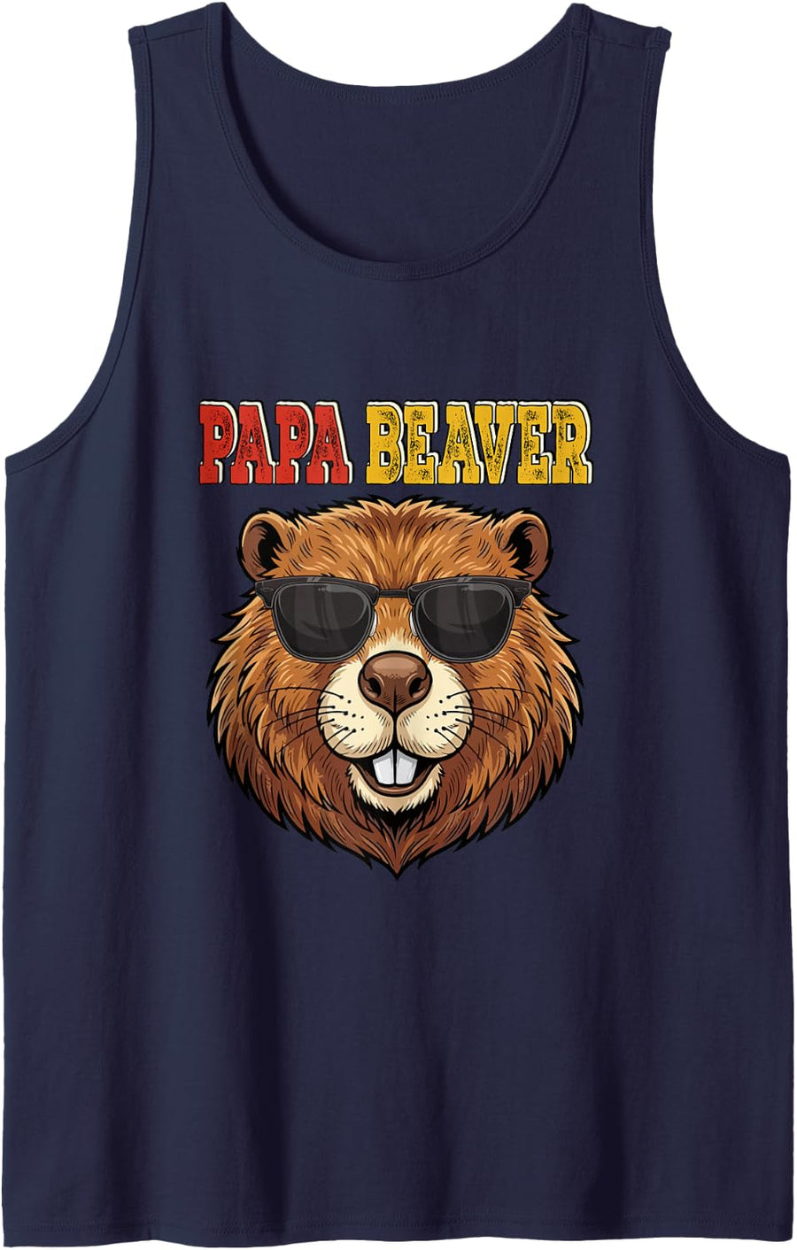 Papa Costume Beaver Sunglasses Father's Day Funny Family Sleeveless Tank Top - Navy Blue