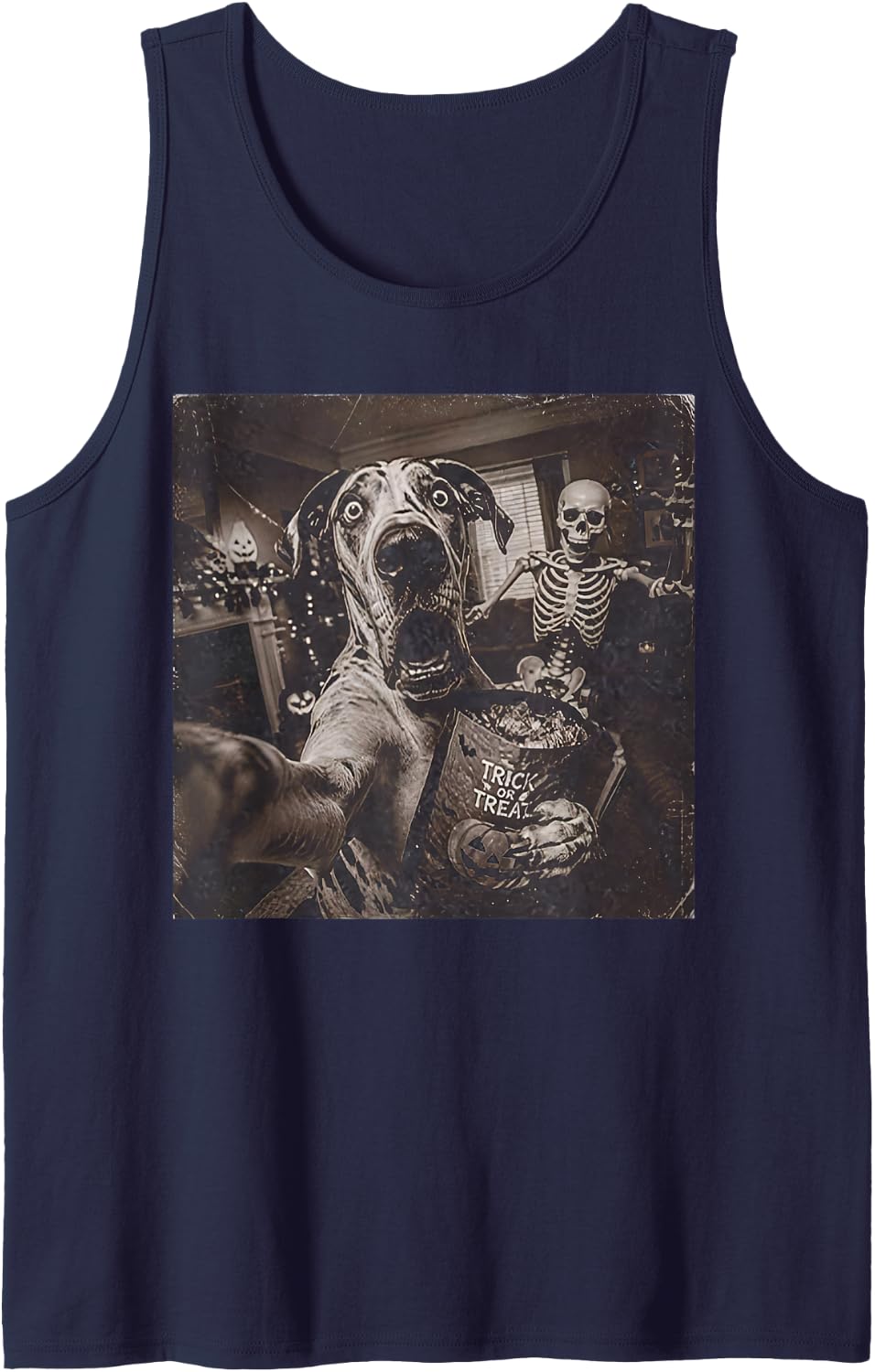 Great Dane Dog Skeleton Selfie Funny Dog Meme Halloween Sleeveless Tank Top - Navy Blue