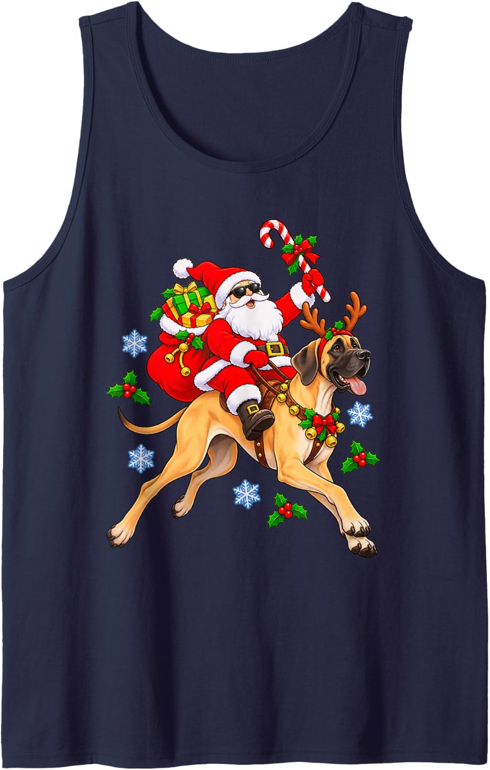 Christmas Santa Playful Great Dane Holiday Character Graphic Sleeveless Tank Top - Navy Blue