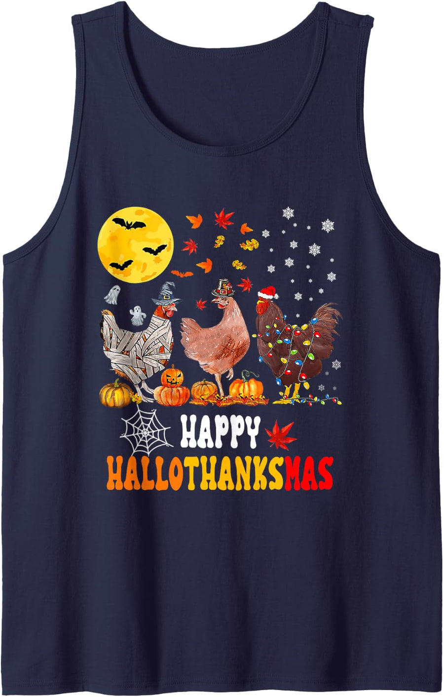 Chicken Halloween Happy Hallothanksmas Autumn Thanksgiving Sleeveless Tank Top - Navy Blue