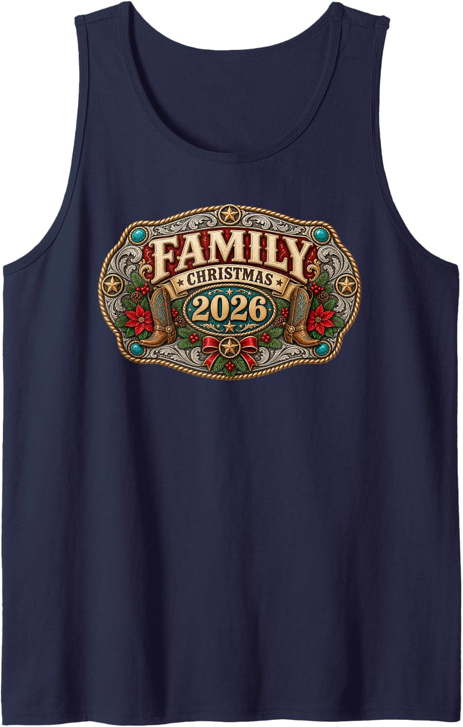 Family Christmas 2026 Western Rodeo Belt Buckle Cowboy Sleeveless Tank Top - Navy Blue