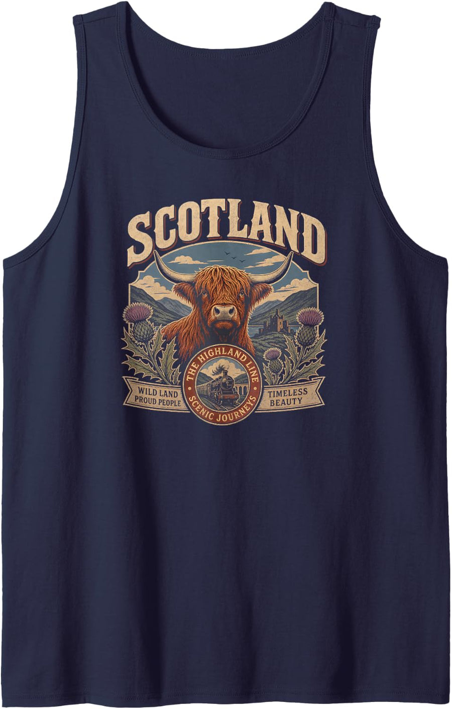 Scotland Wild Land Proud People Timeless Beauty Highland Cow Sleeveless Tank Top - Navy Blue