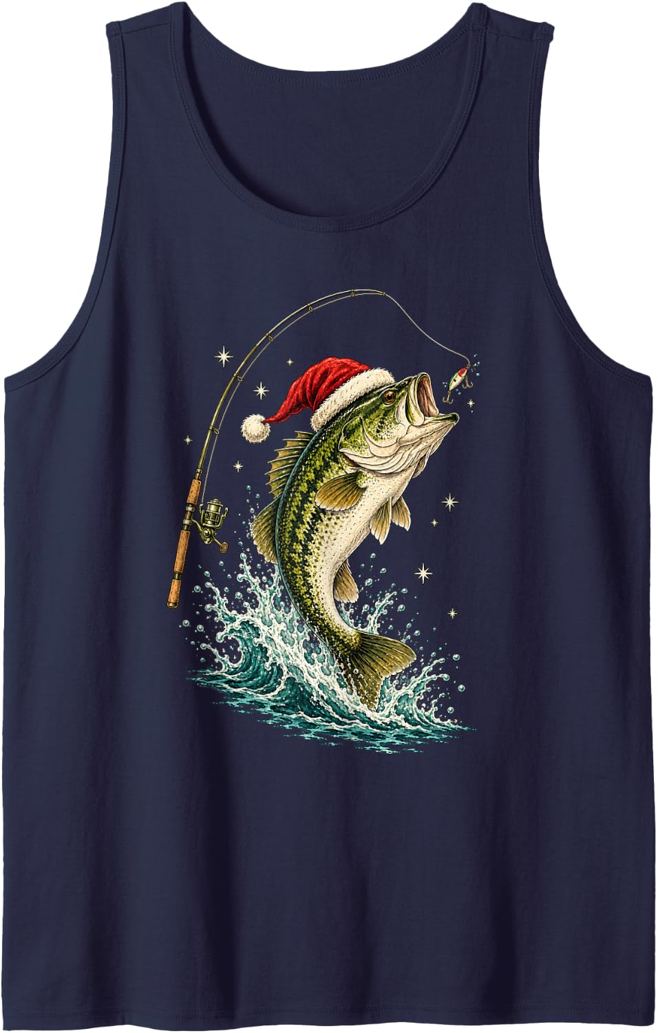 Christmas Bass Fishing Santa Hat Vintage Fish Illustration Sleeveless Tank Top - Navy Blue