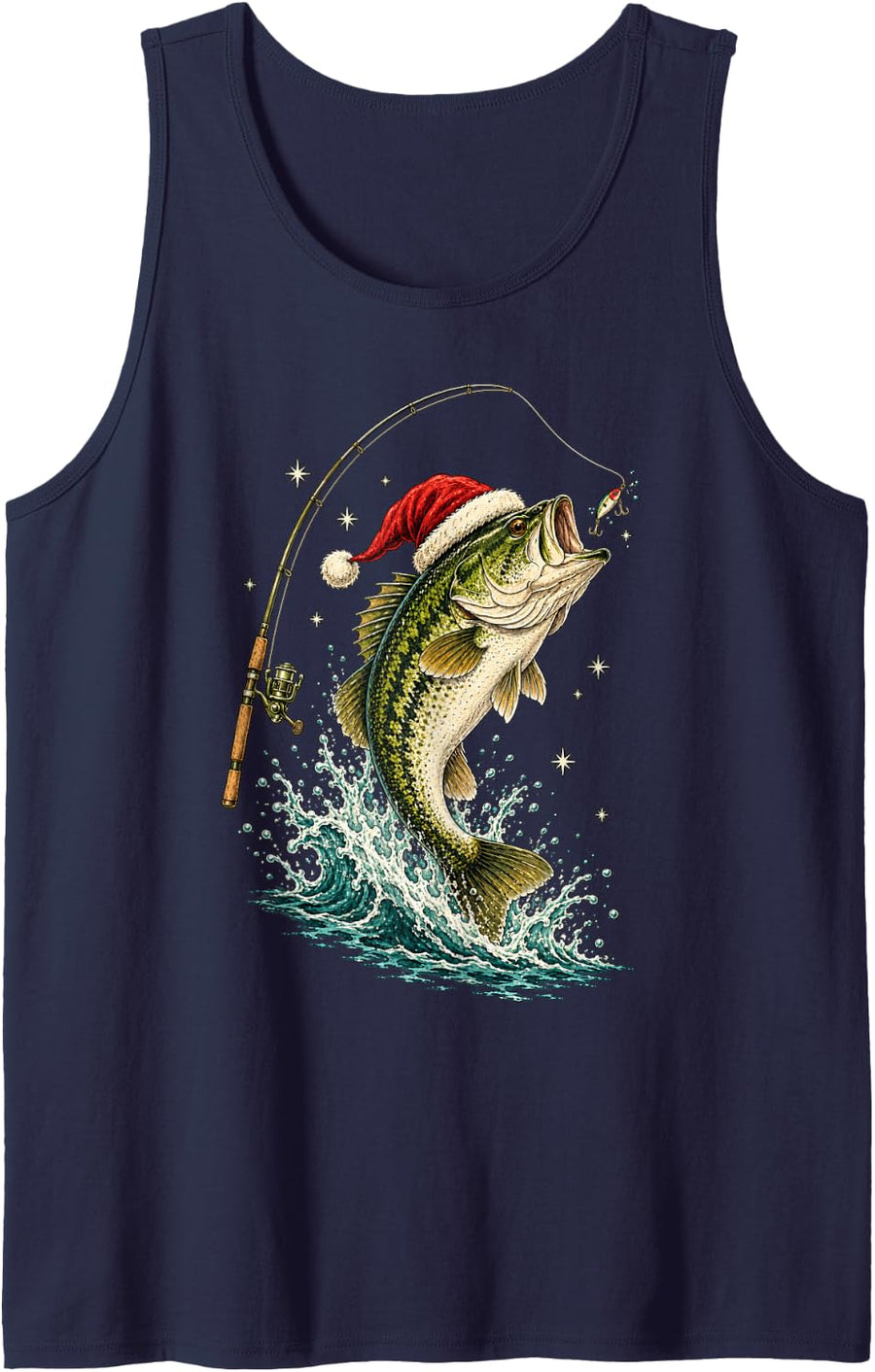 Christmas Bass Fishing Santa Hat Vintage Fish Illustration Sleeveless Tank Top - Navy Blue