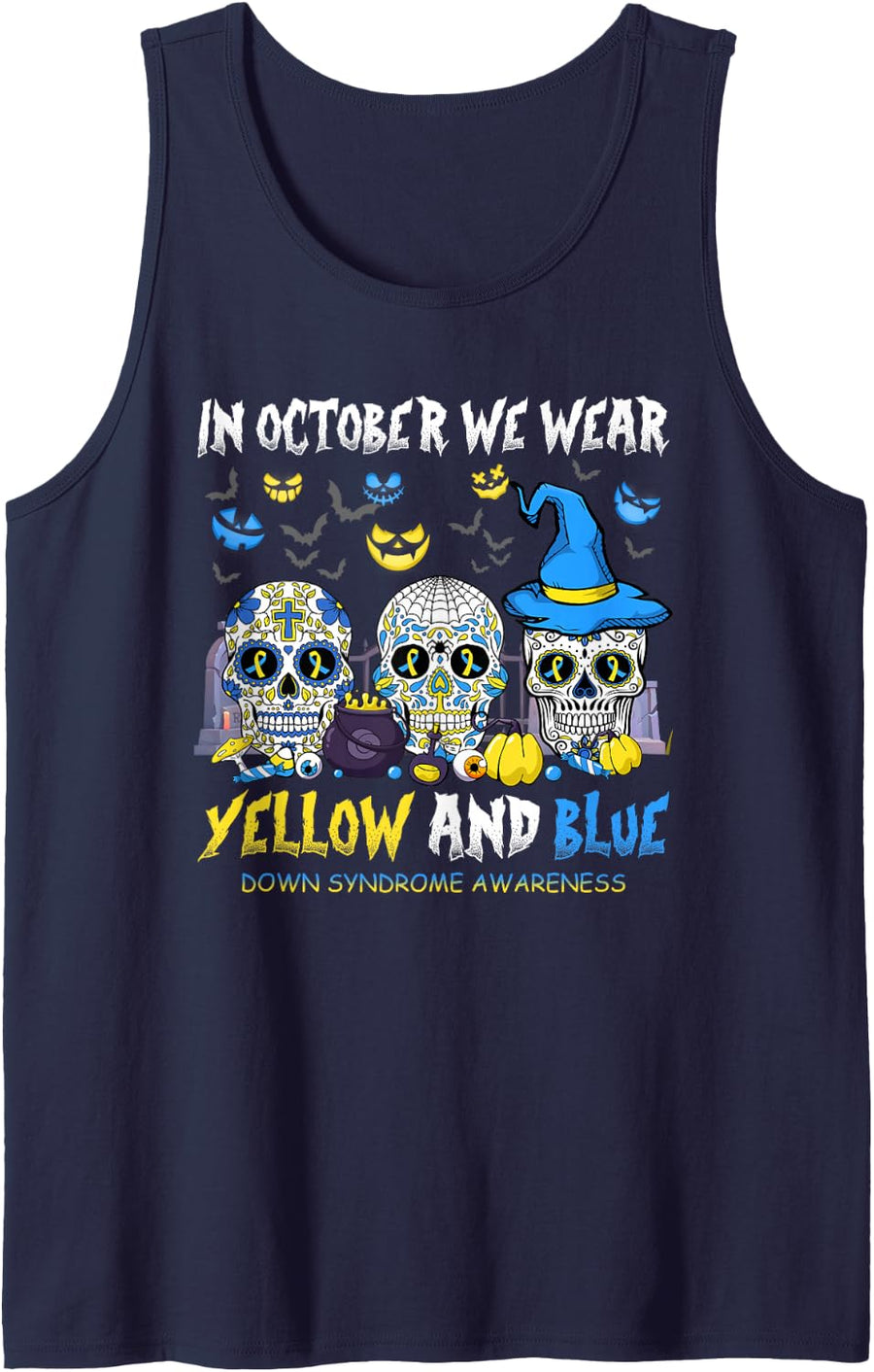 Sugar Skull in October We Wear Yellow and Blue Down Syndrome Sleeveless Tank Top - Navy Blue