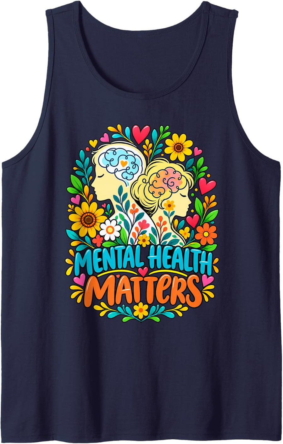 Mental Health Matters Floral Brain Awareness Inspirational Sleeveless Tank Top - Navy Blue