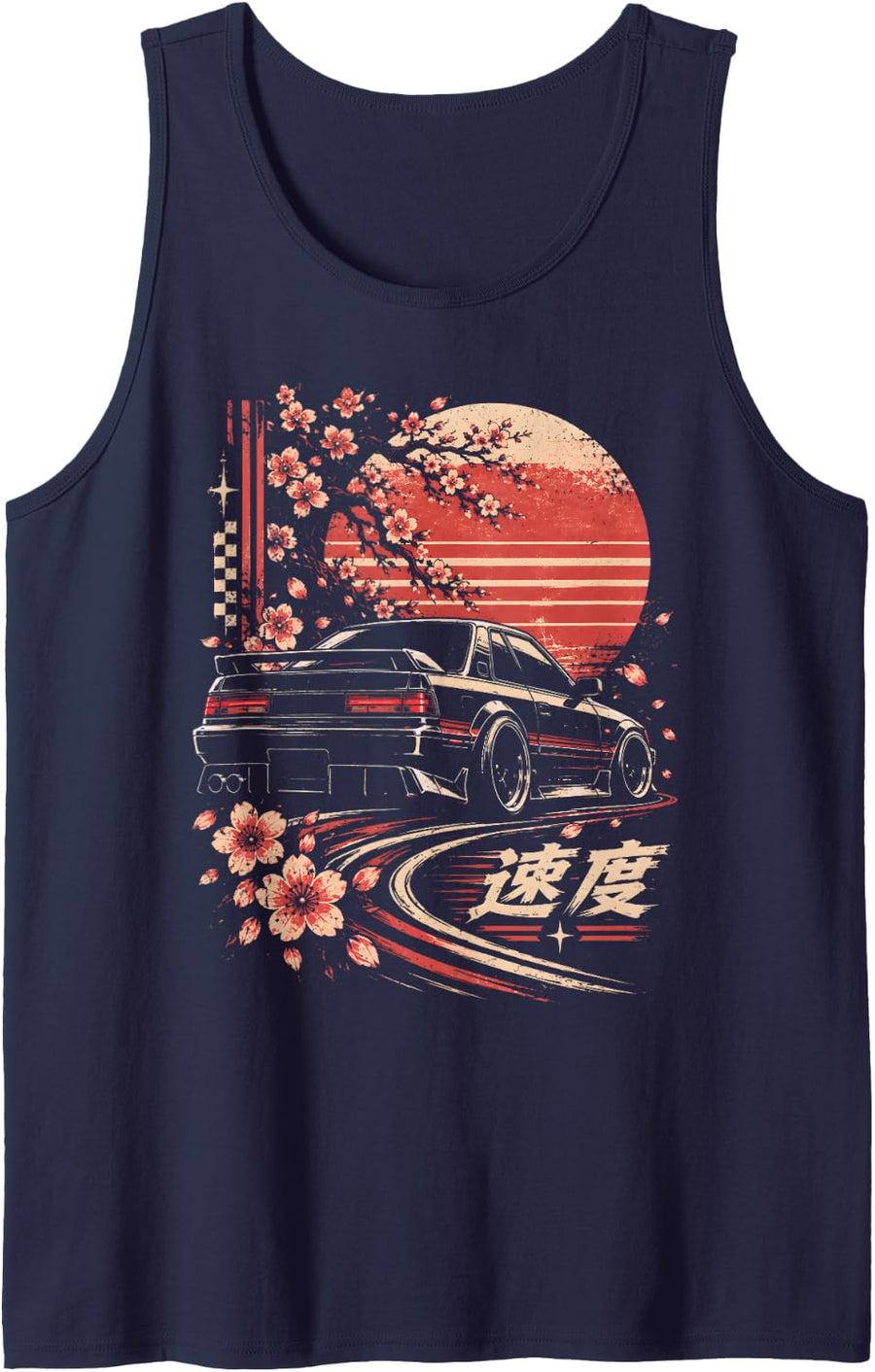 Japanese Drift Car Sakura Cherry Blossom Speed JDM Synthwave Sleeveless Tank Top - Navy Blue