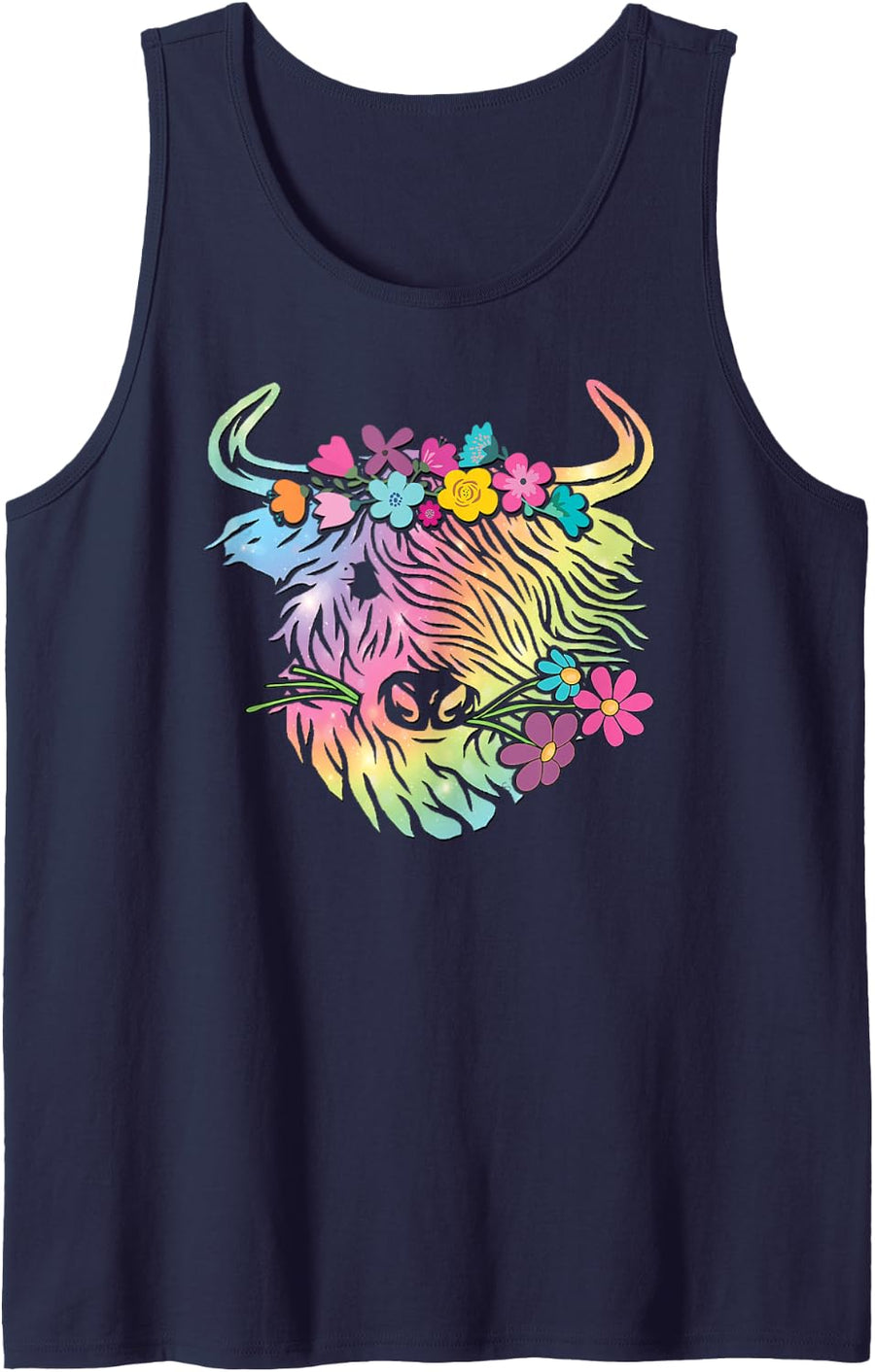Highland Cow Colorful Floral Boho Rainbow Cow Art Sleeveless Tank Top - Navy Blue