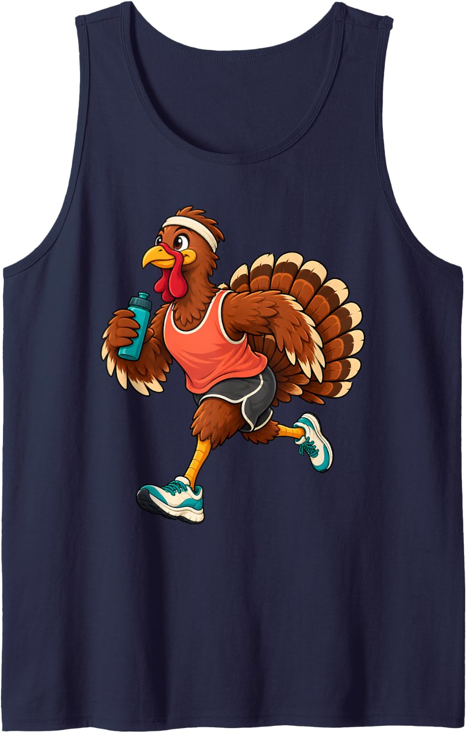 Running Turkey Funny Thanksgiving Jogging Sports Cartoon Sleeveless Tank Top - Navy Blue