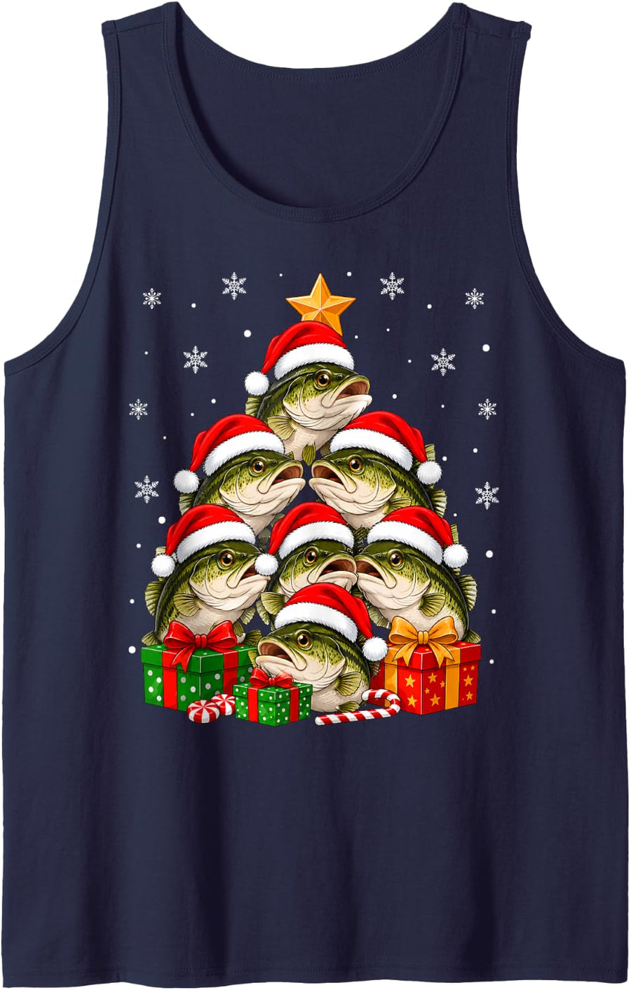 Bass Fish Christmas Tree Festive Santa Hat Bass Fishing Xmas Sleeveless Tank Top - Navy Blue